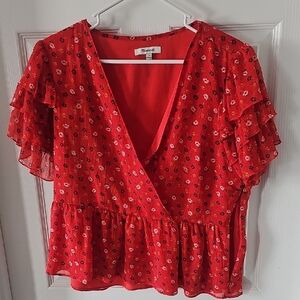 Madewell Red Floral Ruffle Blouse